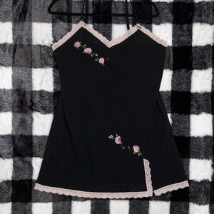 Vintage Y2K Fantasies by Morgan Taylor Black Slip Dress Pink Floral Trim Bows